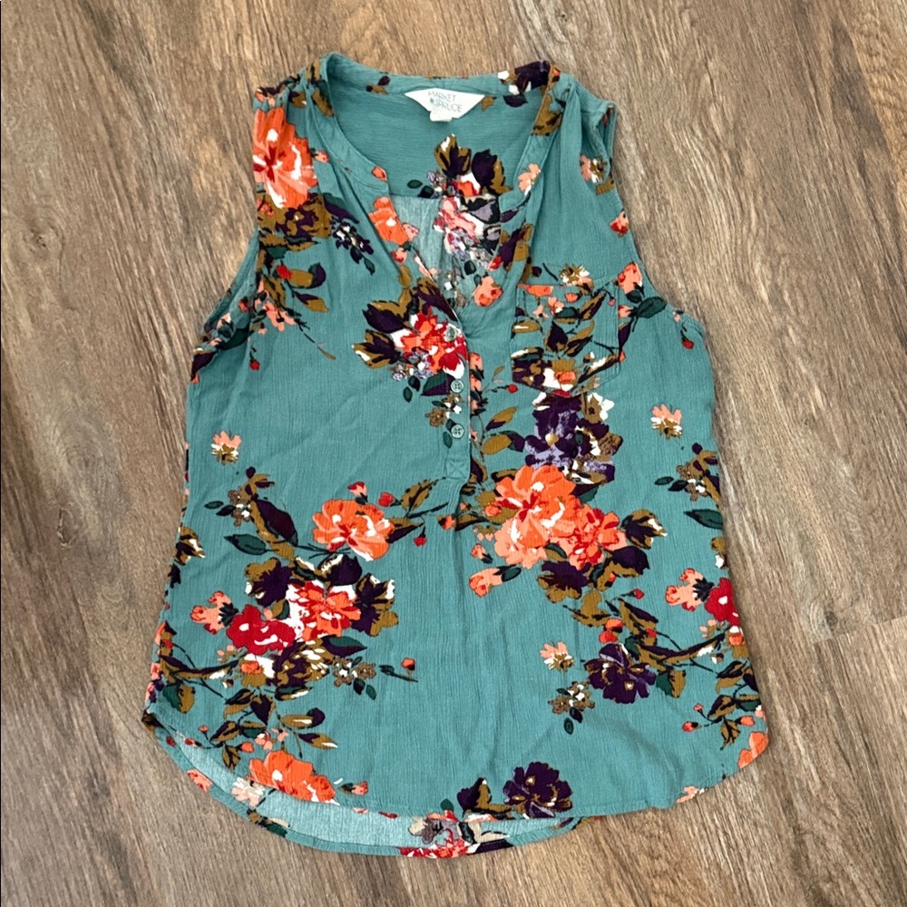 Floral Sleeveless Top - Teal and Orange